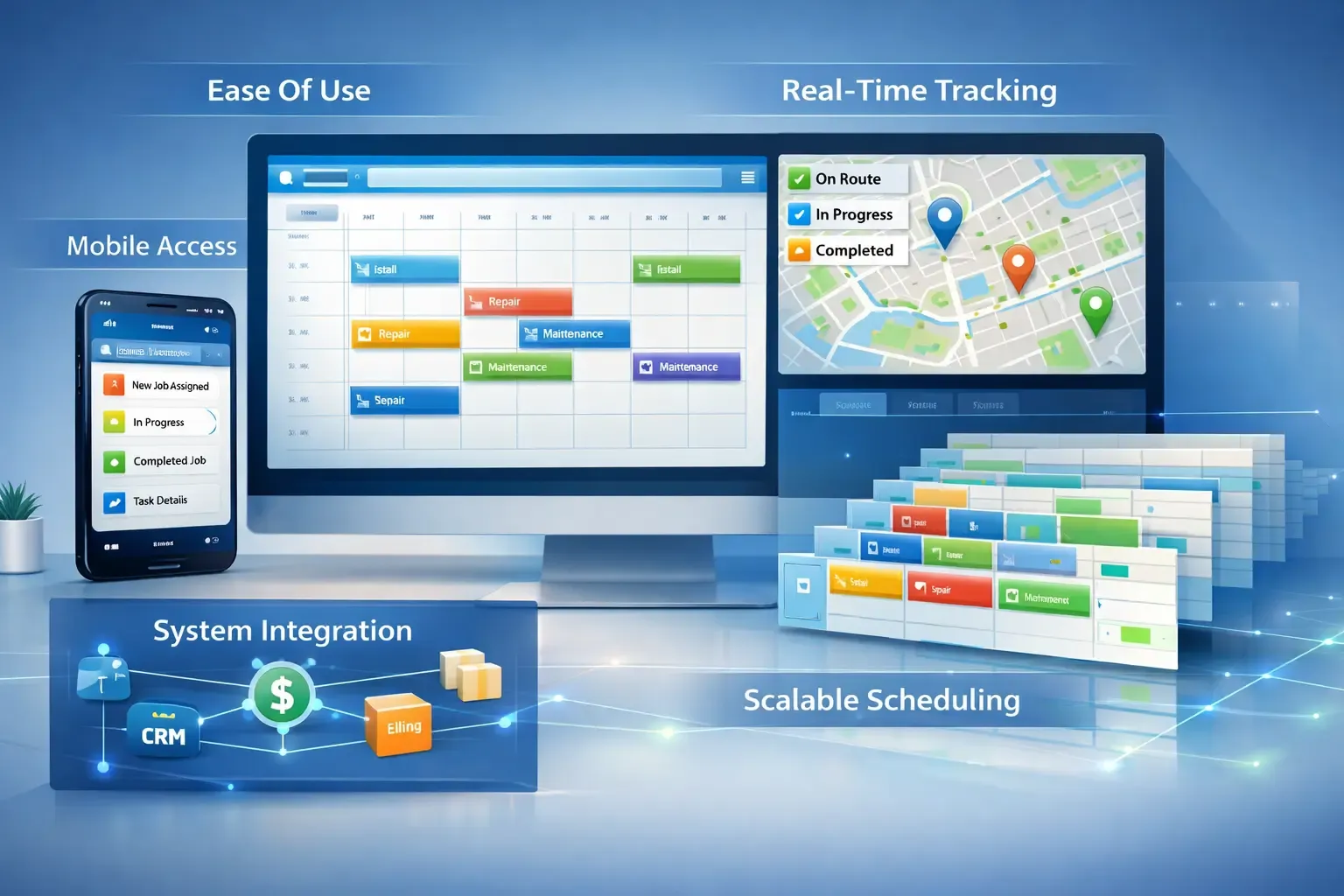 Modern scheduling software dashboard with tracking, mobile sync, and integrations